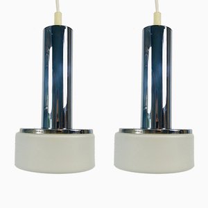 German Chrome and Opaline Glass Ceiling Lamps by Staff Leuchten, 1970s, Set of 2-PUK-555421