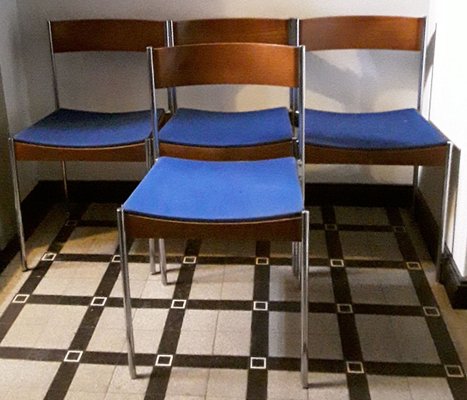 German Chromed Tubular Steel & Teak Stacking Chairs with Blue Fabric Upholstery from Casala, 1960s, Set of 4-HOI-857297