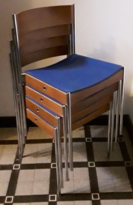 German Chromed Tubular Steel & Teak Stacking Chairs with Blue Fabric Upholstery from Casala, 1960s, Set of 4-HOI-857297