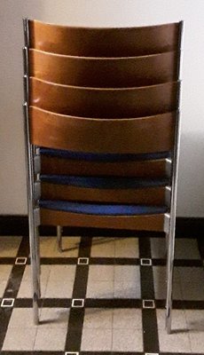 German Chromed Tubular Steel & Teak Stacking Chairs with Blue Fabric Upholstery from Casala, 1960s, Set of 4-HOI-857297