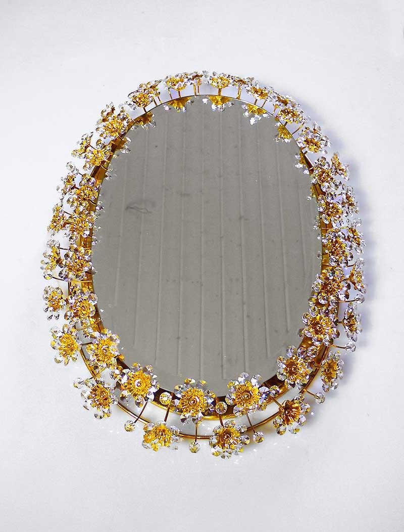 German Crystal & Gilt Brass Oval Backlit Mirror by Christoph Palme for Palwa, 1960