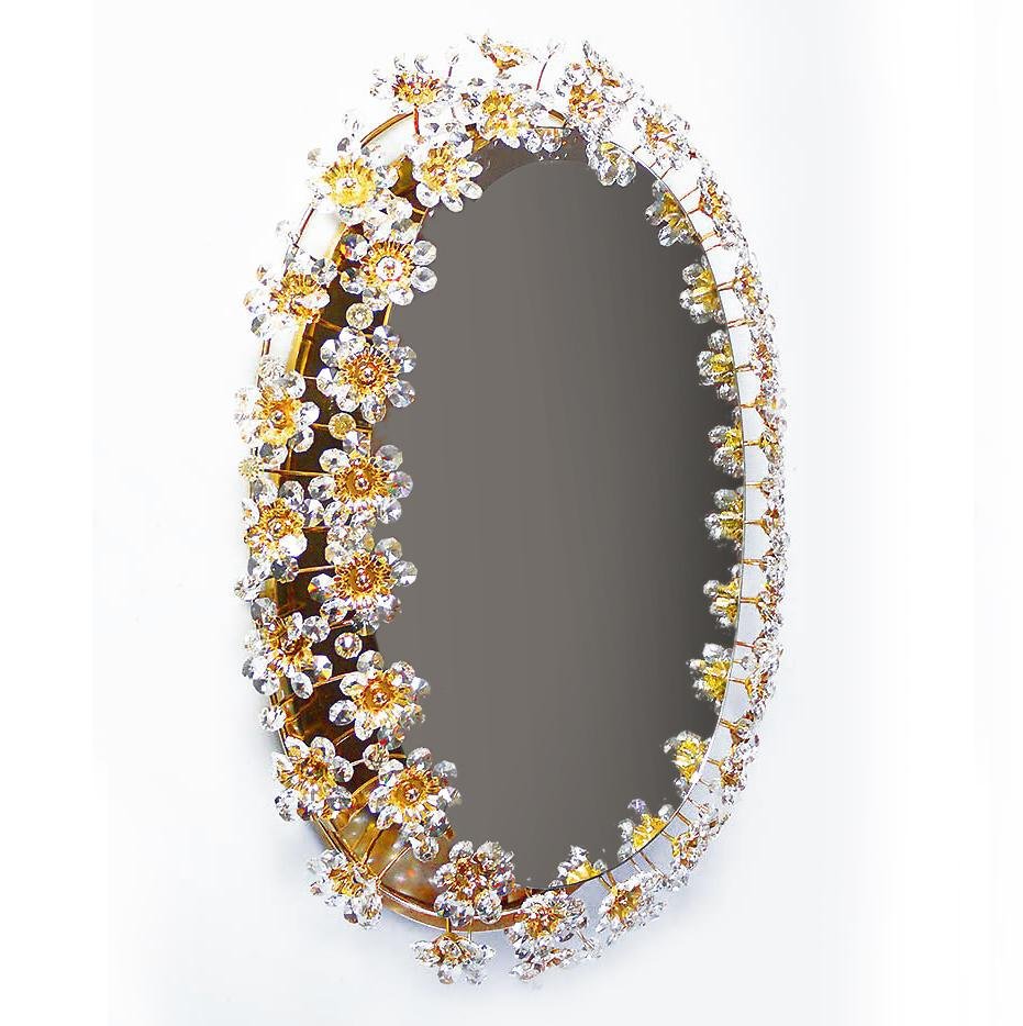 German Crystal & Gilt Brass Oval Backlit Mirror by Christoph Palme for Palwa, 1960