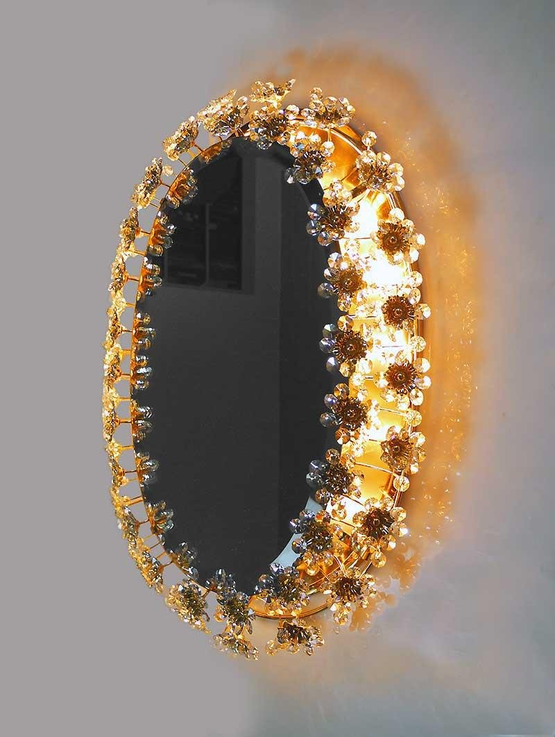 German Crystal & Gilt Brass Oval Backlit Mirror by Christoph Palme for Palwa, 1960