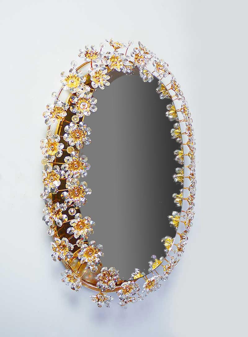 German Crystal & Gilt Brass Oval Backlit Mirror by Christoph Palme for Palwa, 1960