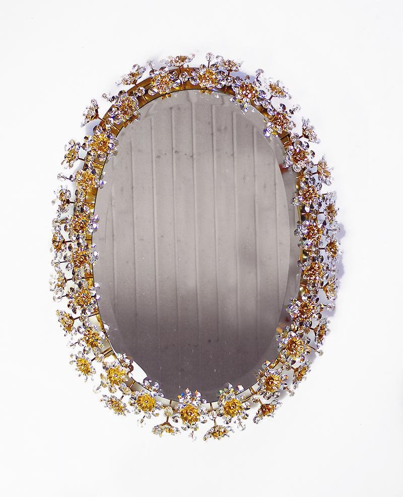 German Crystal & Gilt Brass Oval Backlit Mirror by Christoph Palme for Palwa, 1960