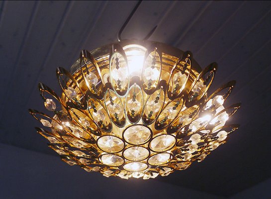 German Crystals & Gilt Brass Ceiling Lamp from Palwa, 1970s-DEK-554600