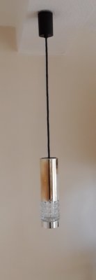 German Cylindrical Ceiling Lamp in Chromed Metal with Relief Glass Insert & Black Plastic Mount from Kaiser, 1970s-HOI-1348343