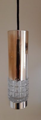 German Cylindrical Ceiling Lamp in Chromed Metal with Relief Glass Insert & Black Plastic Mount from Kaiser, 1970s-HOI-1348343