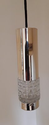 German Cylindrical Ceiling Lamp in Chromed Metal with Relief Glass Insert & Black Plastic Mount from Kaiser, 1970s-HOI-1348343