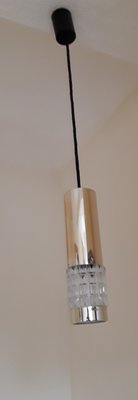 German Cylindrical Ceiling Lamp in Chromed Metal with Relief Glass Insert & Black Plastic Mount from Kaiser, 1970s-HOI-1348343