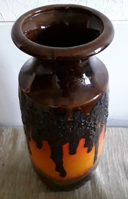 German Fat Lava Style Ceramic Vase with Gradient Glaze in Orange, Brown and Black from Scheurich, 1970s-HOI-1283338