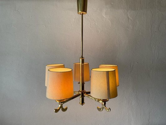 German Five Arm Chandelier in Brass with Fabric Shade by Hans Möller, 1960s-RDS-1294452