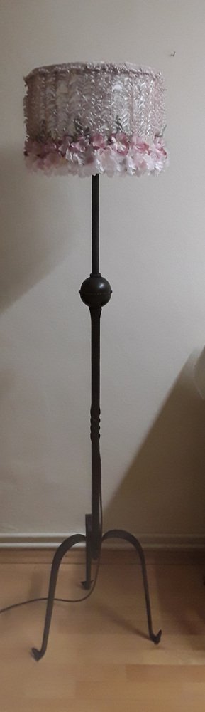 German Floor Lamp with Gray-Black Wrought Iron Frame and Handmade Fabric Flower Shade, 1930s