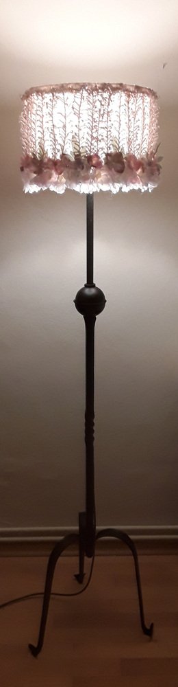 German Floor Lamp with Gray-Black Wrought Iron Frame and Handmade Fabric Flower Shade, 1930s