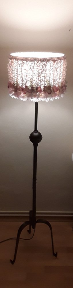 German Floor Lamp with Gray-Black Wrought Iron Frame and Handmade Fabric Flower Shade, 1930s