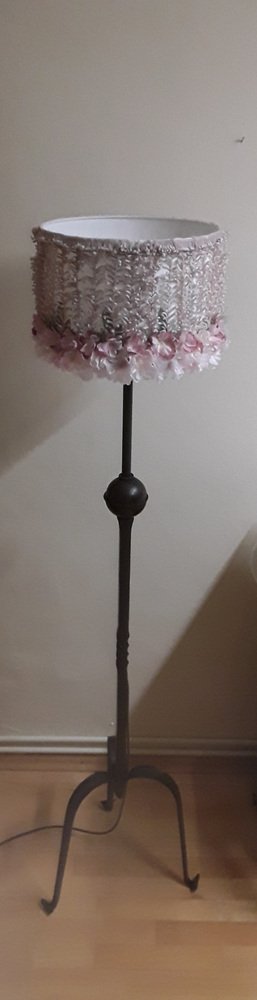 German Floor Lamp with Gray-Black Wrought Iron Frame and Handmade Fabric Flower Shade, 1930s