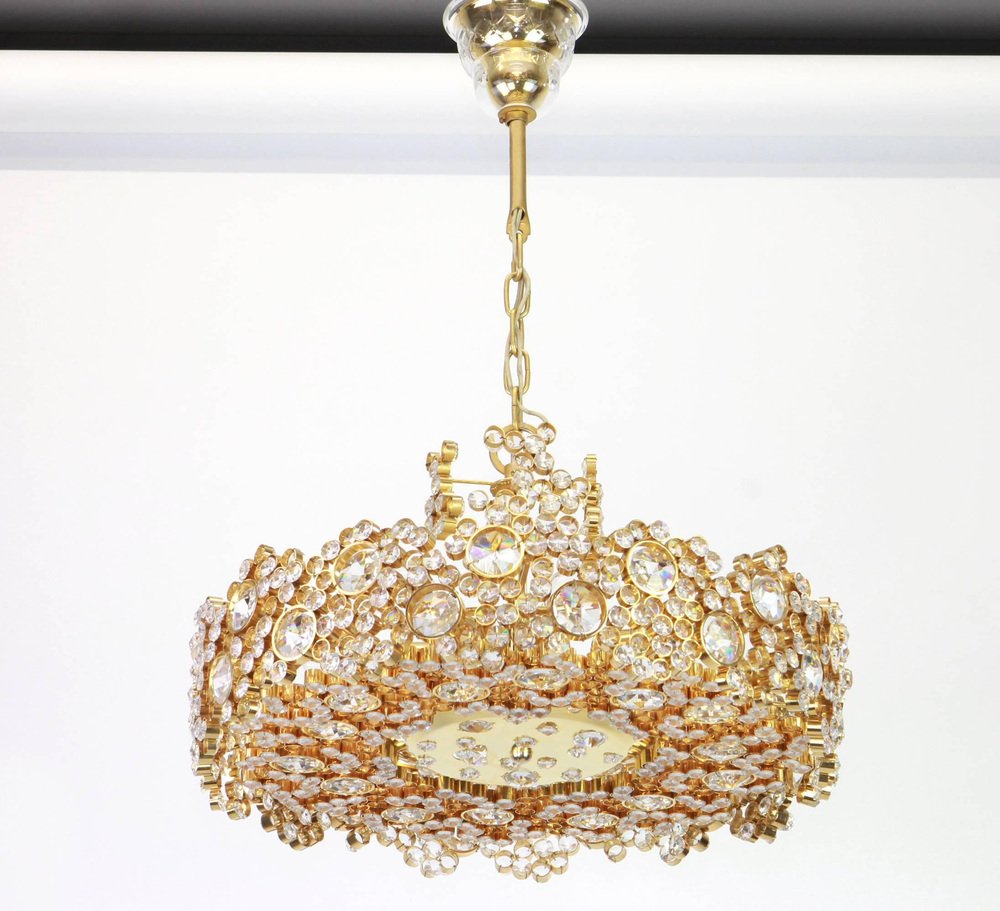 German Gilt Brass and Crystal Glass Encrusted Chandeliers from Palwa, 1970s