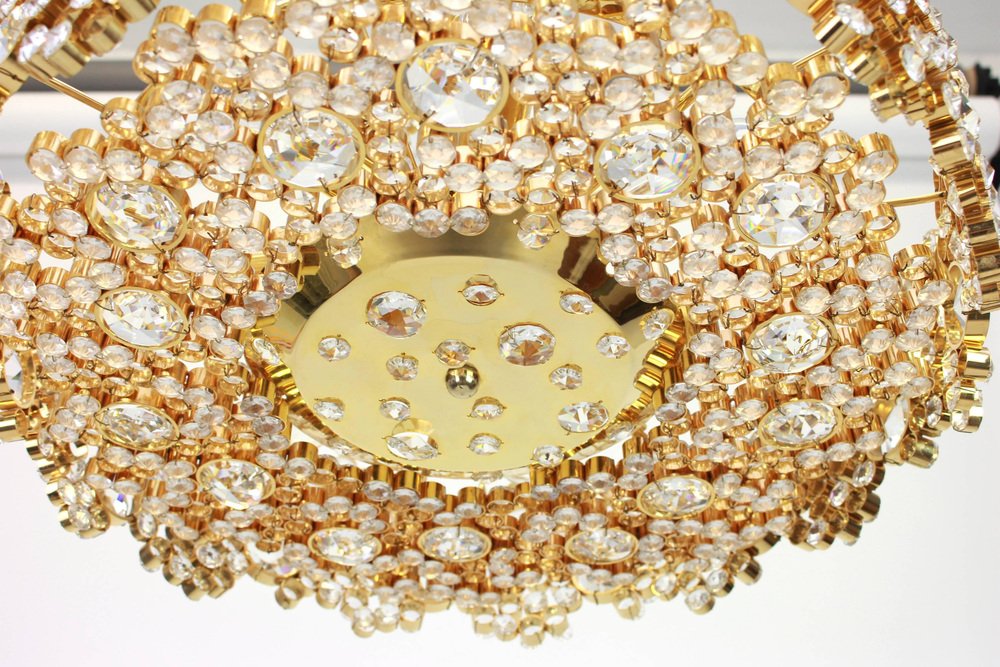 German Gilt Brass and Crystal Glass Encrusted Chandeliers from Palwa, 1970s