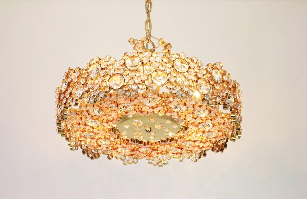 German Gilt Brass and Crystal Glass Encrusted Chandeliers from Palwa, 1970s