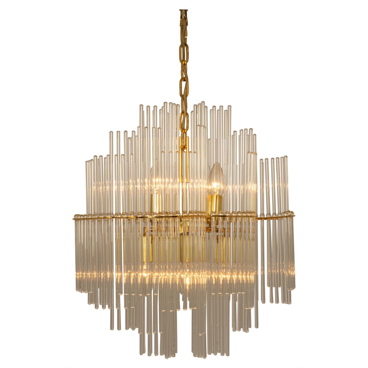 German Gilt Brass and Crystal Glass Rods Chandelier by Palwa, 1970s