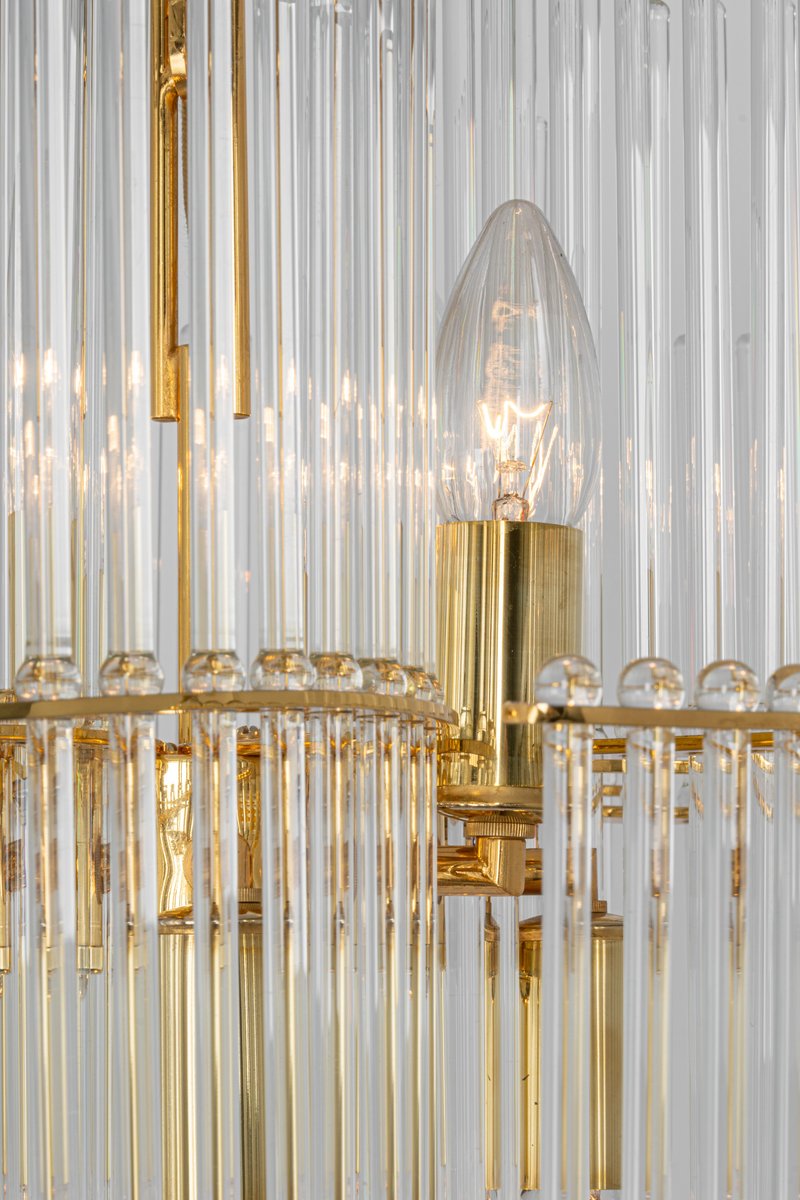 German Gilt Brass and Crystal Glass Rods Chandelier by Palwa, 1970s