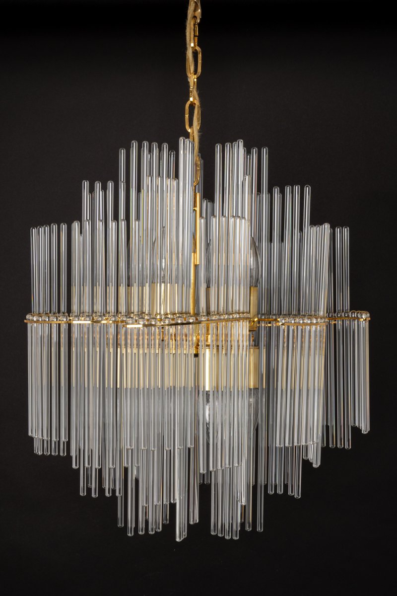 German Gilt Brass and Crystal Glass Rods Chandelier by Palwa, 1970s