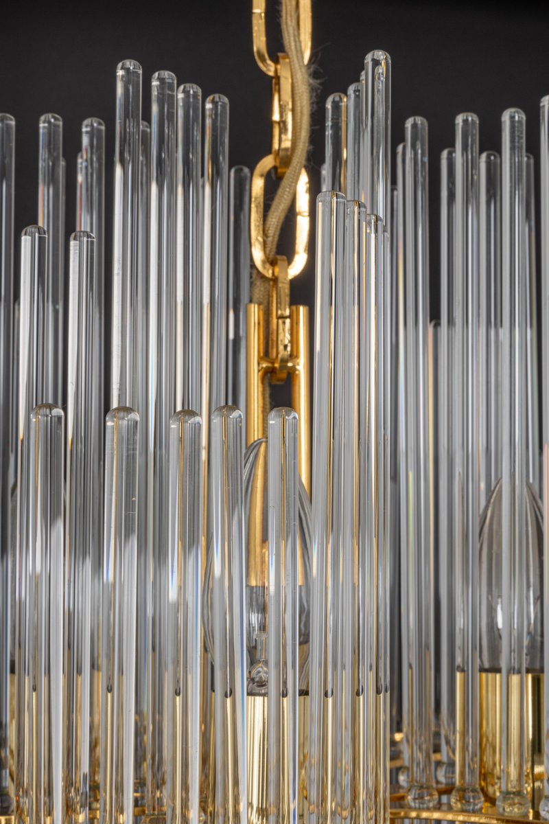 German Gilt Brass and Crystal Glass Rods Chandelier by Palwa, 1970s