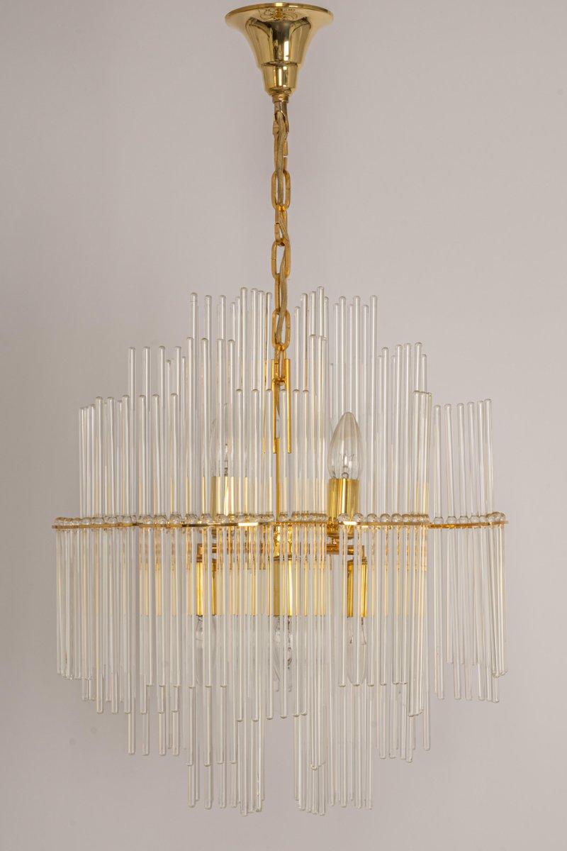 German Gilt Brass and Crystal Glass Rods Chandelier by Palwa, 1970s