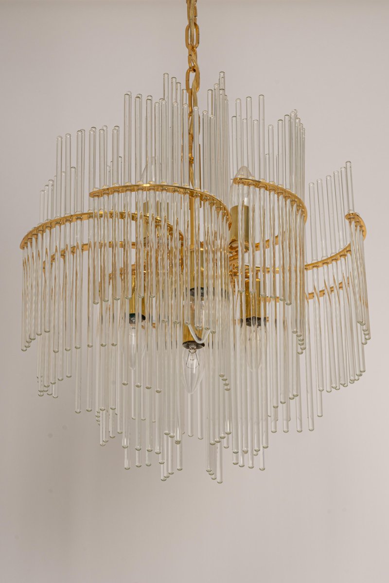 German Gilt Brass and Crystal Glass Rods Chandelier by Palwa, 1970s