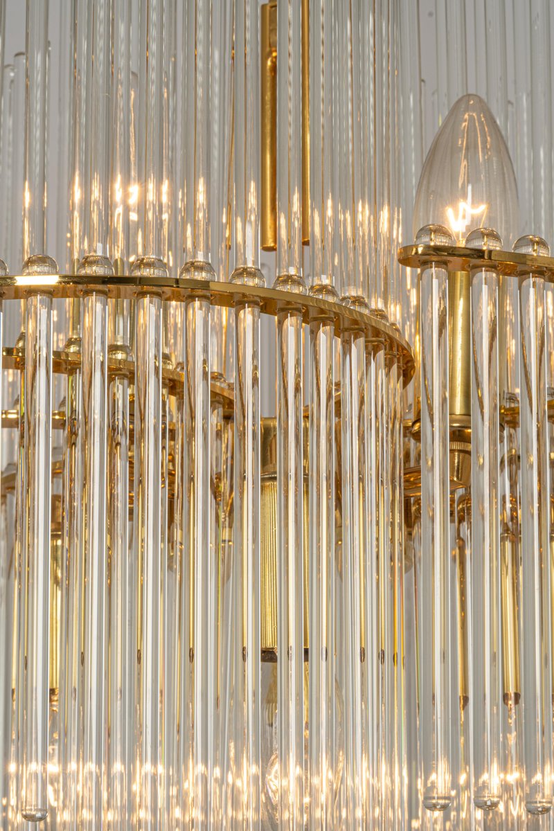 German Gilt Brass and Crystal Glass Rods Chandelier by Palwa, 1970s