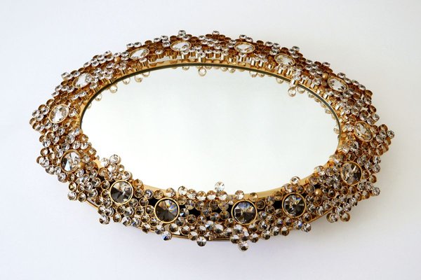 German Gilt Brass & Crystal Oval Mirror by Palwa for Palwa, 1970s-WPT-887329