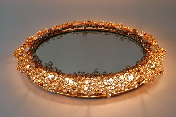 German Gilt Brass & Crystal Oval Mirror by Palwa for Palwa, 1970s-WPT-887329