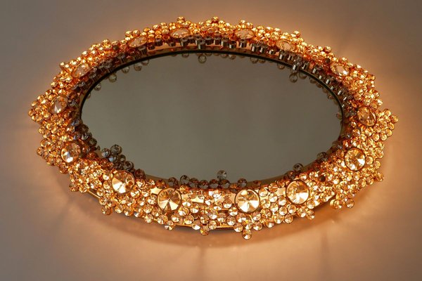 German Gilt Brass & Crystal Oval Mirror by Palwa for Palwa, 1970s-WPT-887329