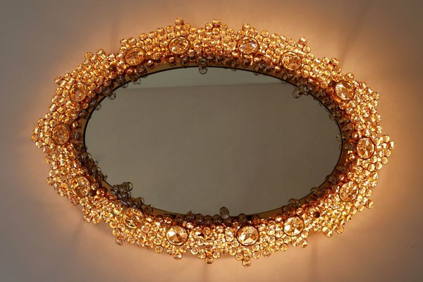 German Gilt Brass & Crystal Oval Mirror by Palwa for Palwa, 1970s-WPT-887329