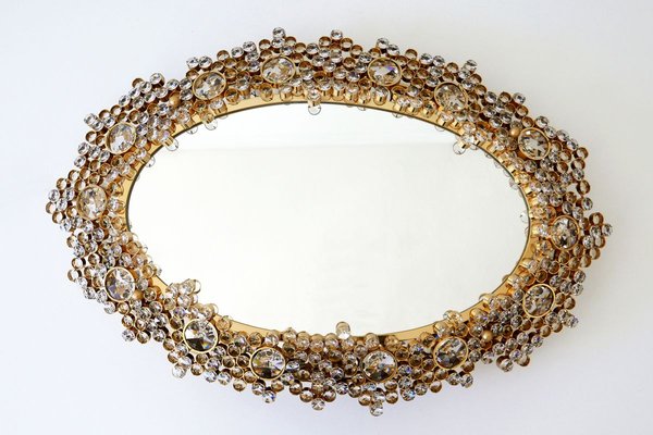 German Gilt Brass & Crystal Oval Mirror by Palwa for Palwa, 1970s-WPT-887329