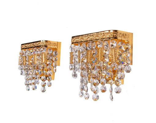 German Glamorous Jewel Wall Lamp in Crystal & Gilt-Brass from Palwa, Set of 2-DEK-945874