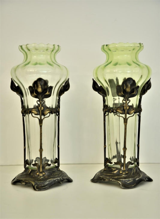 German Glass and Silverplate Vases from Jugendstil WMF, 1910s, Set of 2