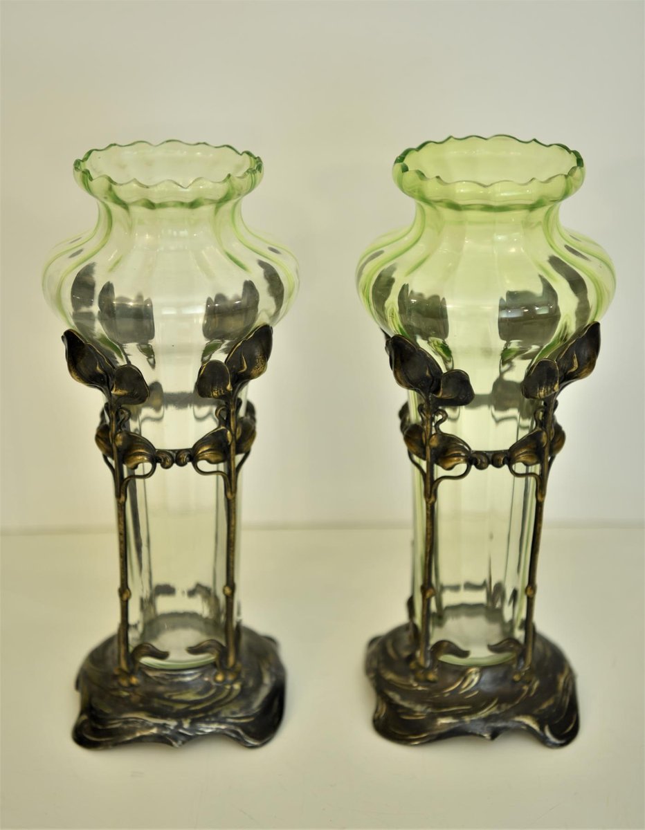 German Glass and Silverplate Vases from Jugendstil WMF, 1910s, Set of 2