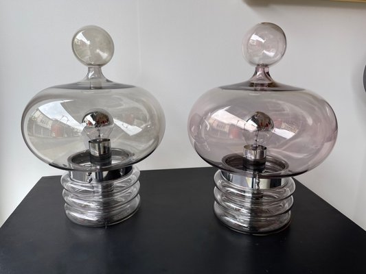 German Gray Smoke Glass and Metal Lamps attributed to Glashütte Limburg, 1970s, Set of 2-FUE-1435942