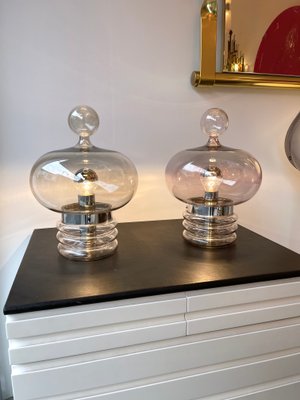 German Gray Smoke Glass and Metal Lamps attributed to Glashütte Limburg, 1970s, Set of 2-FUE-1435942