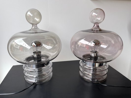 German Gray Smoke Glass and Metal Lamps attributed to Glashütte Limburg, 1970s, Set of 2-FUE-1435942