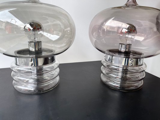 German Gray Smoke Glass and Metal Lamps attributed to Glashütte Limburg, 1970s, Set of 2-FUE-1435942