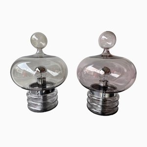 German Gray Smoke Glass and Metal Lamps attributed to Glashütte Limburg, 1970s, Set of 2-FUE-1435942