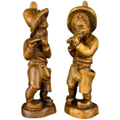 German Hand Carved Wood Figurative Sculptures of Two Boy Musicians, Set of 2-KEG-1086463