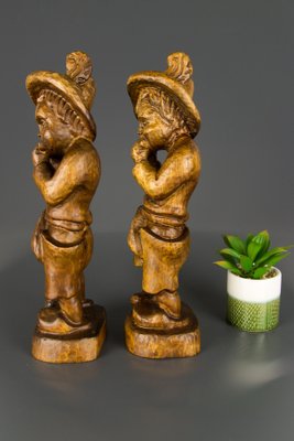 German Hand Carved Wood Figurative Sculptures of Two Boy Musicians, Set of 2-KEG-1086463