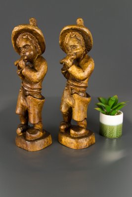 German Hand Carved Wood Figurative Sculptures of Two Boy Musicians, Set of 2-KEG-1086463