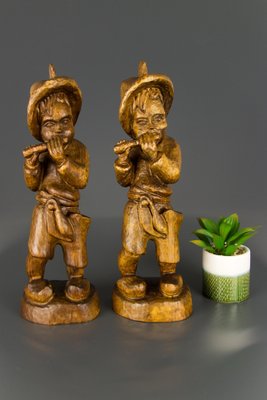 German Hand Carved Wood Figurative Sculptures of Two Boy Musicians, Set of 2-KEG-1086463