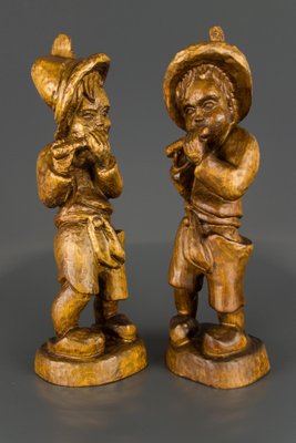 German Hand Carved Wood Figurative Sculptures of Two Boy Musicians, Set of 2-KEG-1086463