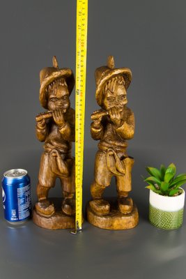 German Hand Carved Wood Figurative Sculptures of Two Boy Musicians, Set of 2-KEG-1086463