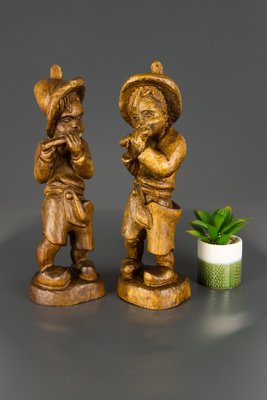 German Hand Carved Wood Figurative Sculptures of Two Boy Musicians, Set of 2-KEG-1086463